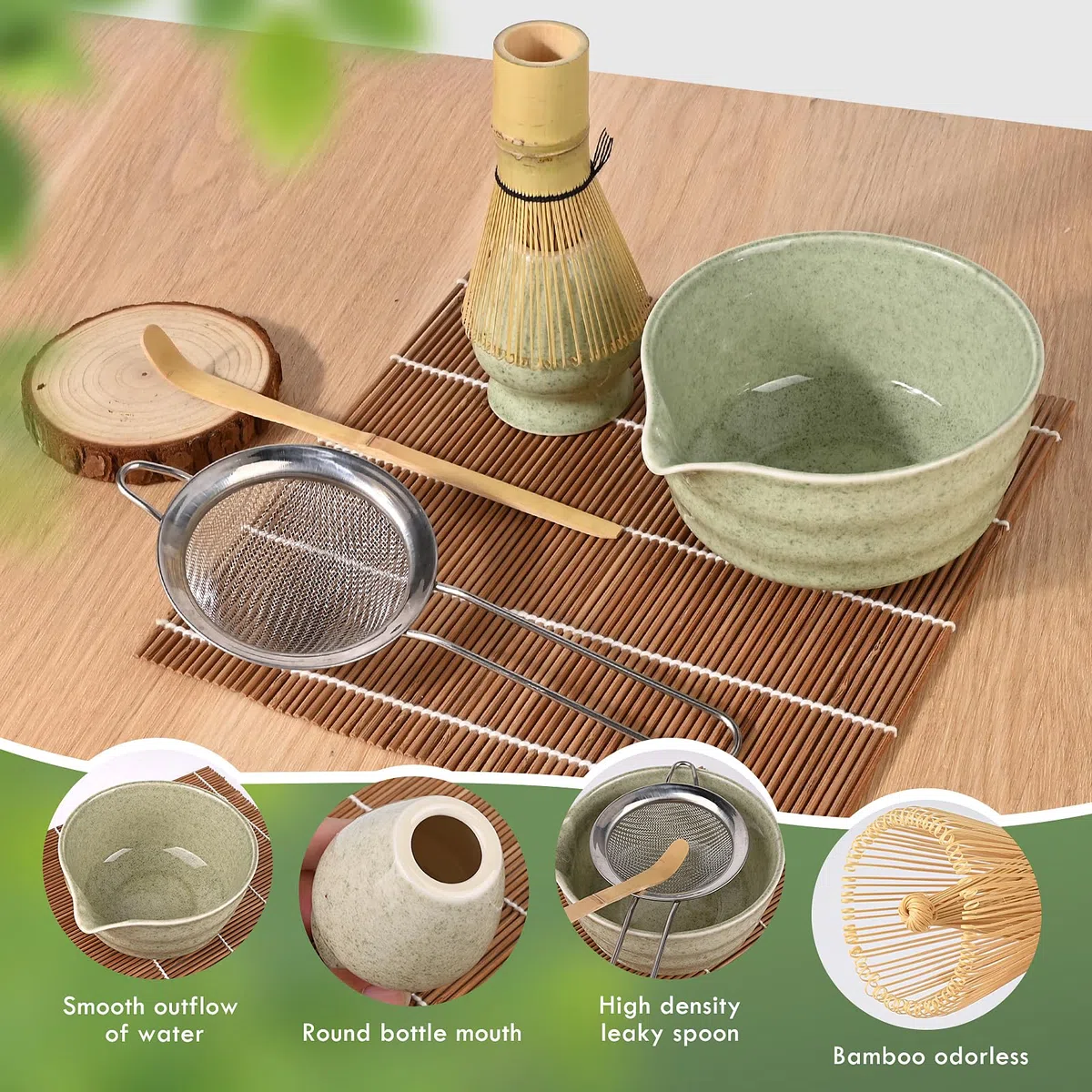 Euakee 5 Pezzi Matcha Kit, Matcha Whisk Set,Frusta Matcha, Ciotola Matcha, Supporto Chasen, Cucchiaio di Matcha, Setaccio Di Matcha, per La Casa, l'Ufficio e la Sala da Tè (Matcha Verde)