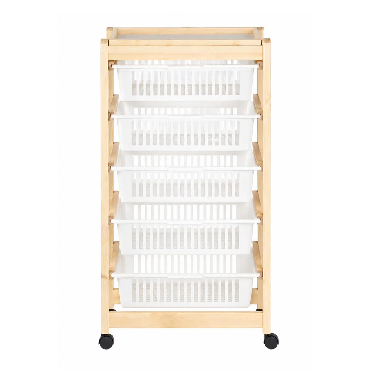 Paluplus Carrello porta verdure a 5 ripiani in Legno Naturale, misura 45x30x85 cm, 5 Cestelli in Plastica con Vassoio Portaoggetti e 4 Ruote girevoli, Scaffale da cucina per frutta e verdura -6015F -4
