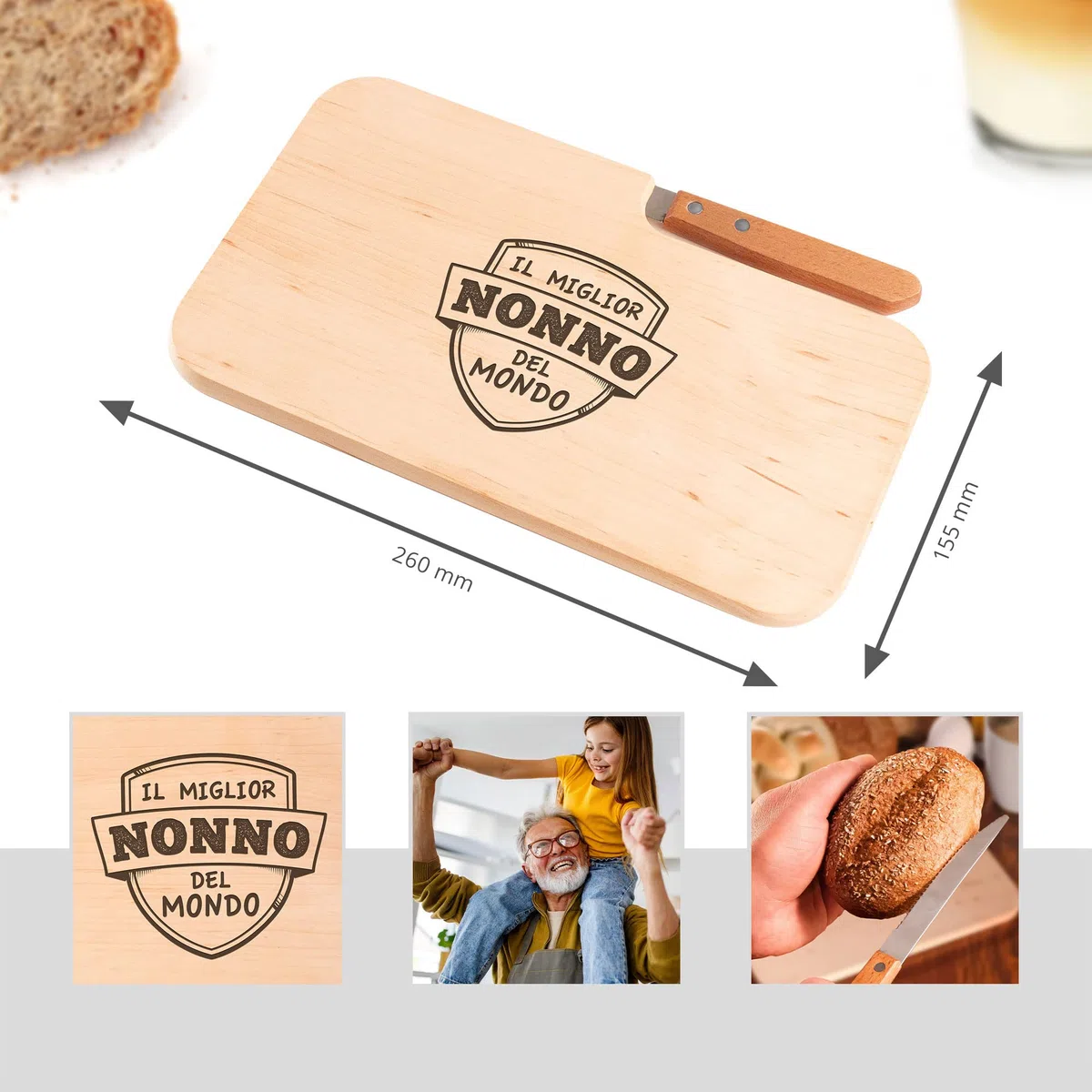 AMAVEL Tagliere in Legno con Coltello e Incisione per Il Miglior Nonno, Idea Regalo Festa del papà, Tagliere per Colazione o Aperitivi, Accessori da Cucina di Design