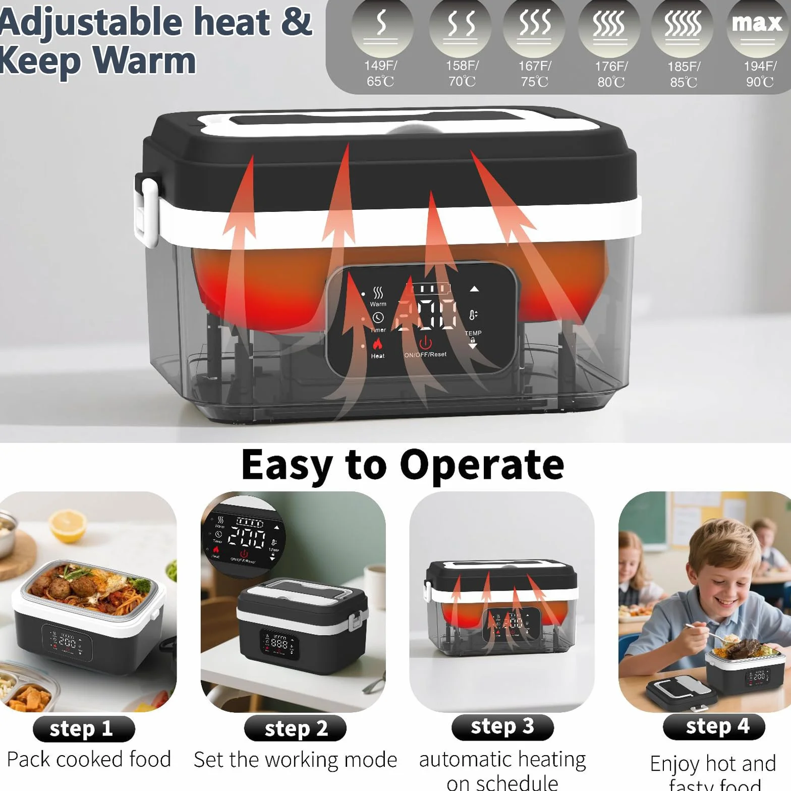 Scatola per il pranzo elettrica senza fili per adulti, 1 l 16000 mAh, ricaricabile, ciotola riscaldata, per il pranzo con riscaldamento automatico, per viaggi, ufficio, picnic (nero)