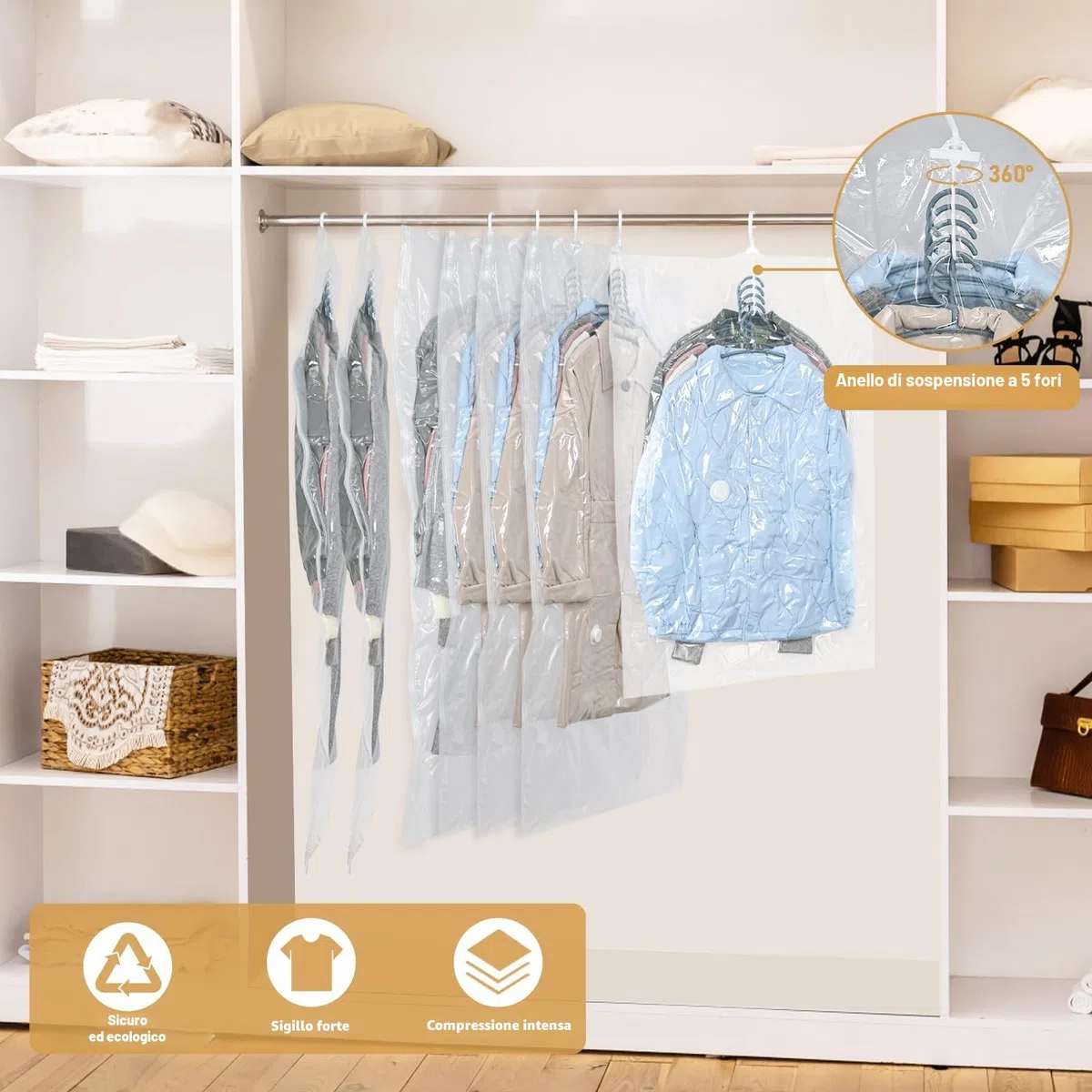 Sacchetti sottovuoto vestiti da appendere, 4 pezzi Vacuum storage bags salvaspazio per vestiti, organizer per armadio, Sacchetti vestitii trasparente e riutilizzabile (4, 105x70cm)