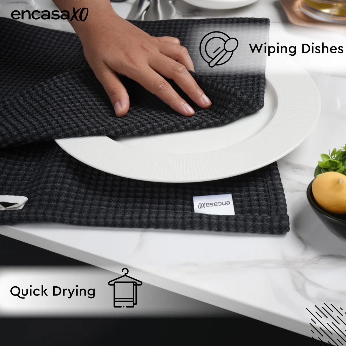 Encasa XO Asciugamani da cucina e salviette in cotone Grigio Nero | Strofinaccio in waffle e tessuto piatto | Set strofinacci | 70x45 cm | Riutilizzabile e ad asciugatura rapida Set di 4