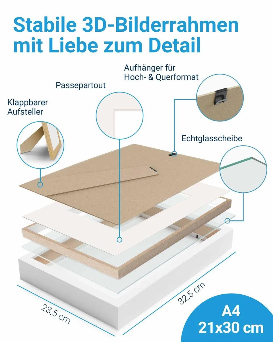 PHOTOLINI 3D cornice A4 21x30 cm bianco, profonda con vetro e passe-partout, cornice per oggetti fino a 1,5 cm di profondità, legno MDF - perfetta per il fai da te e come regalo
