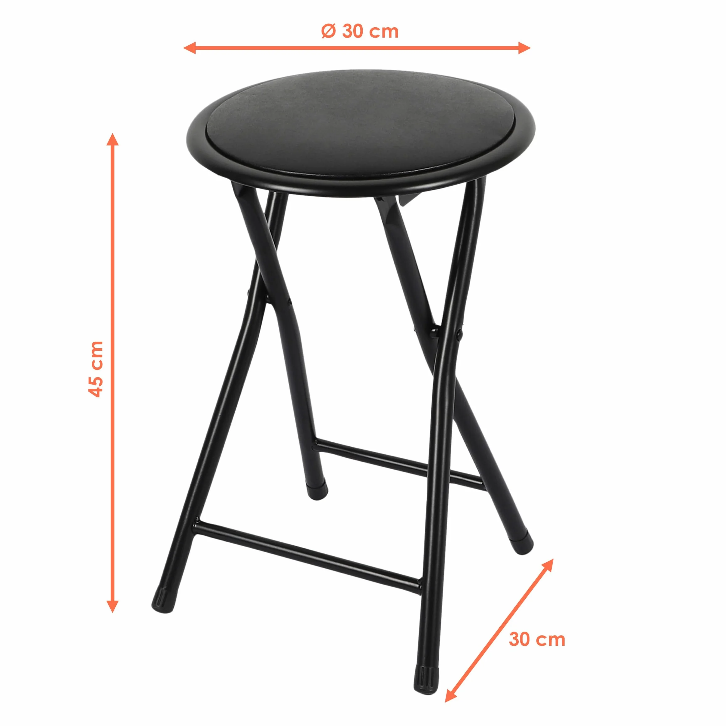 Spetebo Sgabello pieghevole in metallo, rotondo, nero, 45 x Ø 30 cm, pieghevole, con seduta imbottita, universale, pieghevole, per cucina, bagno, corridoio