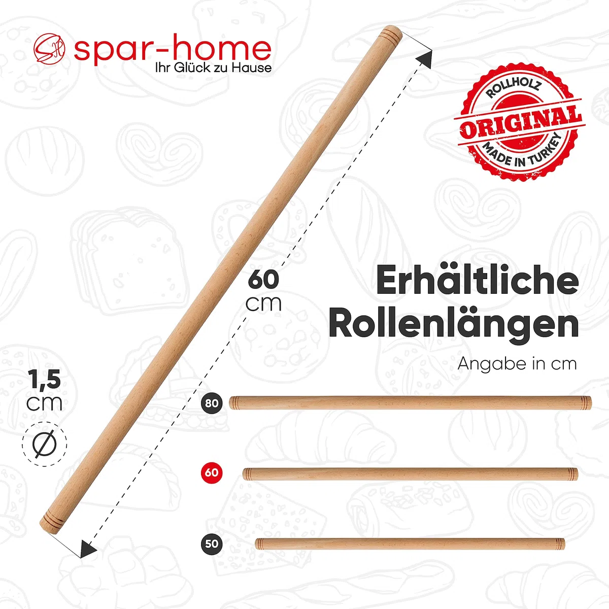 Mattarello Turco - Mattarello Tradizionale in Legno di Faggio Fatto a Mano in Legno Oklava (60 x 1,5 cm)